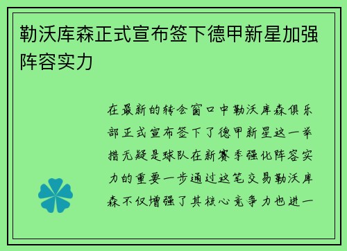 勒沃库森正式宣布签下德甲新星加强阵容实力 勒沃库森正式宣布签下德甲新星加强阵容实力