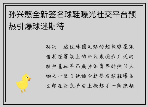 孙兴慜全新签名球鞋曝光社交平台预热引爆球迷期待 孙兴慜全新签名球鞋曝光社交平台预热引爆球迷期待